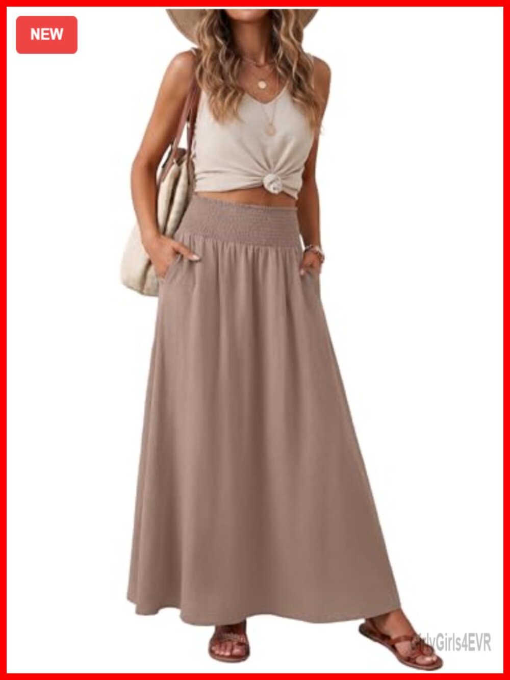 Women Maxi Skirt Smocked High Waisted Flowy Long A-Line with Pockets